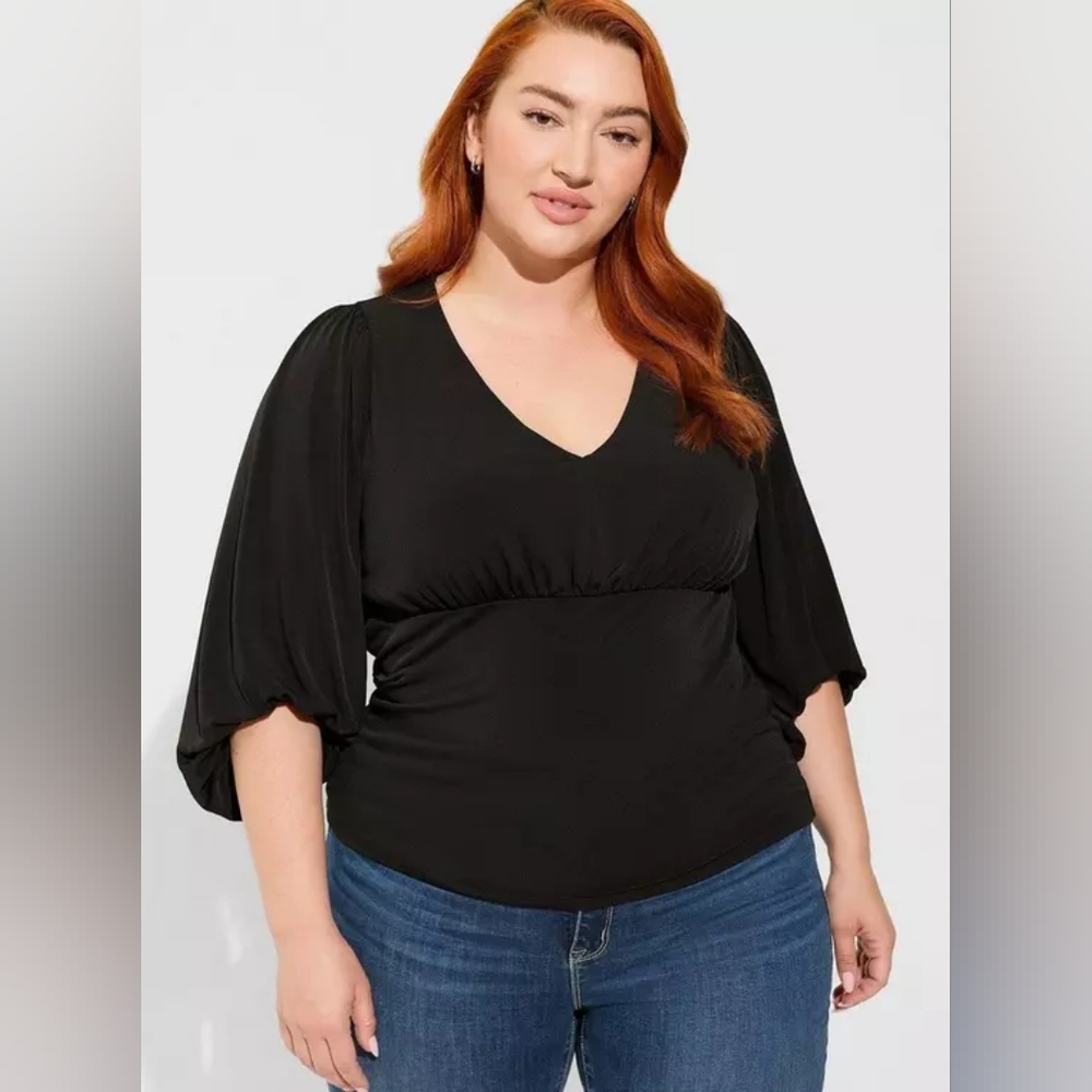 Studio Knit V-Neck Quarter Sleeve Shirred Top - PLUS SIZE 00 / M/L / 10 (D3-2)